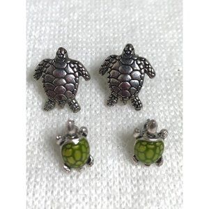 Two Pairs of Turtle Earrings One with Green Shell One with Silver Shell